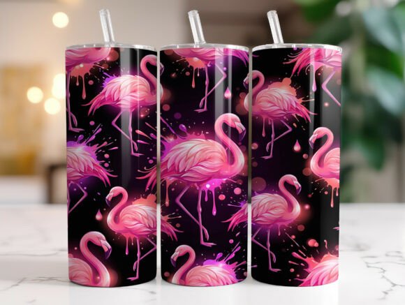 Neon Pink Flamingo Pattern Tumbler Wrap
