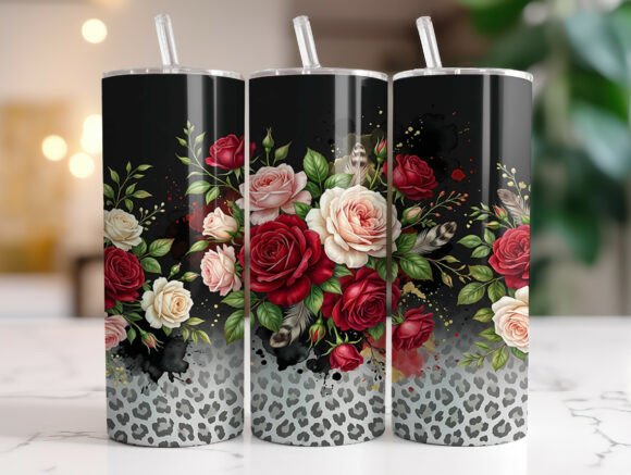 Red Pink Roses Gray Leopard Tumbler Wrap