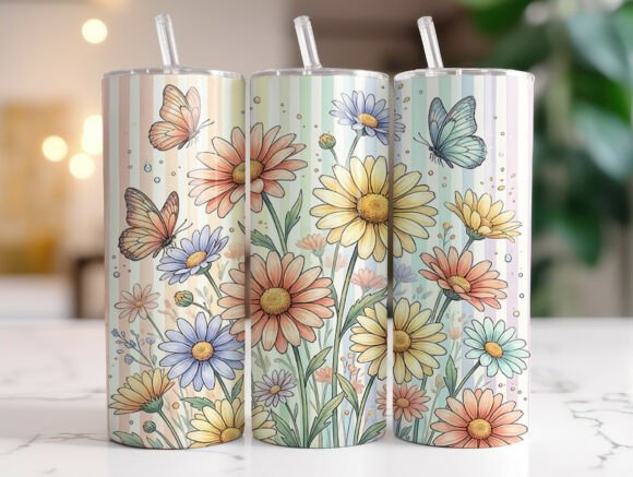 Striped Pastel Floral Butterfly Tumbler